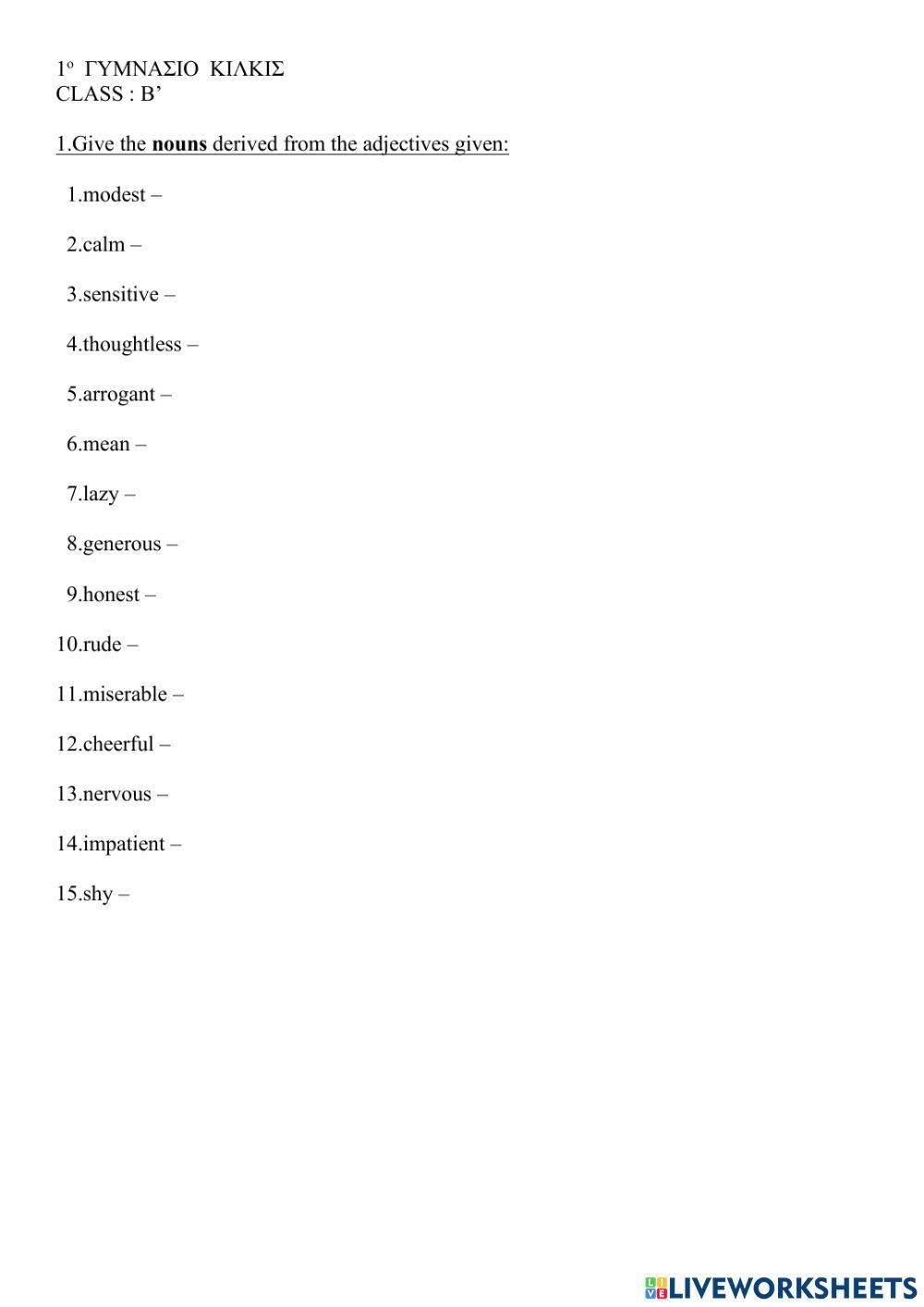 Derivatives: adjectives to nouns