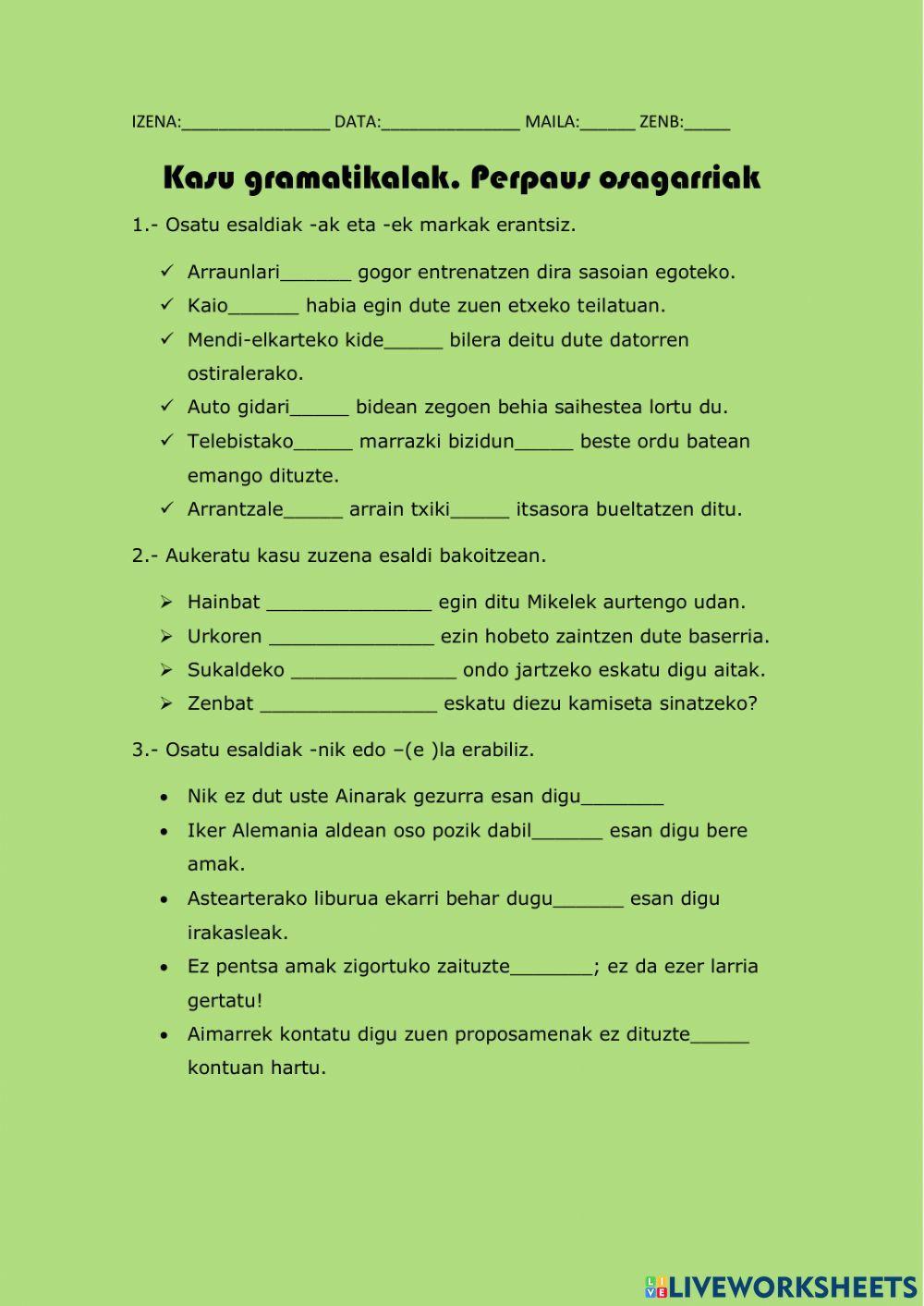 Kasu gramatikalak.Perpaus osagarriak