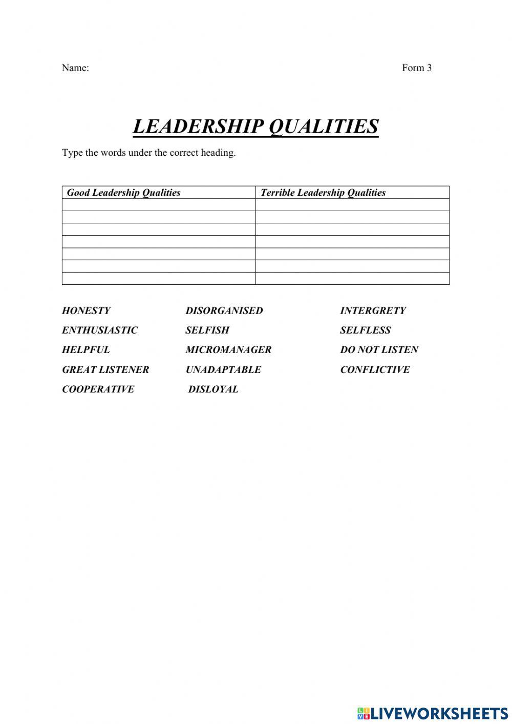 LEADERSHIP QUALITIES online exercise for | Live Worksheets