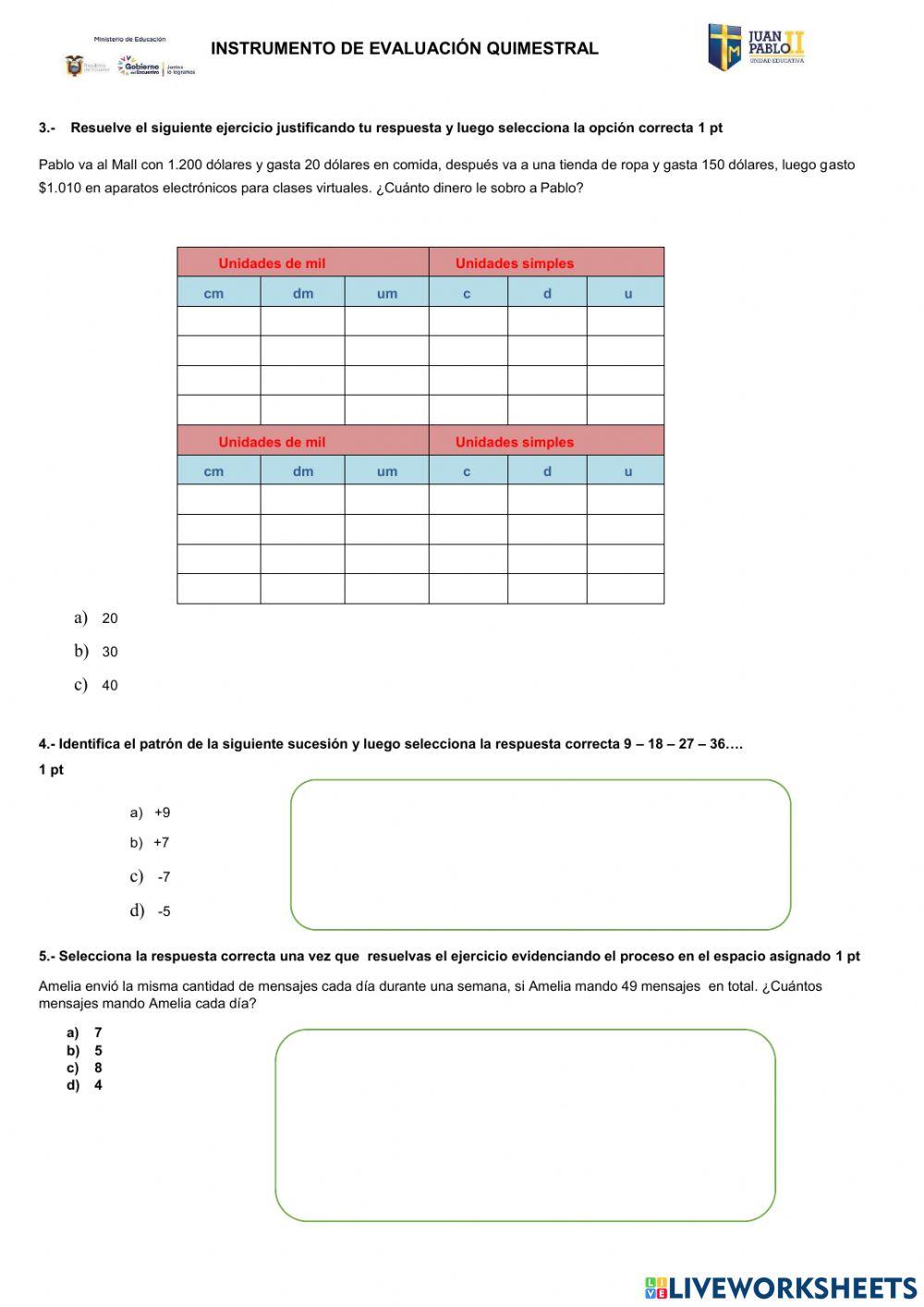 Evaluación Quimestral de Matemáticas 2022