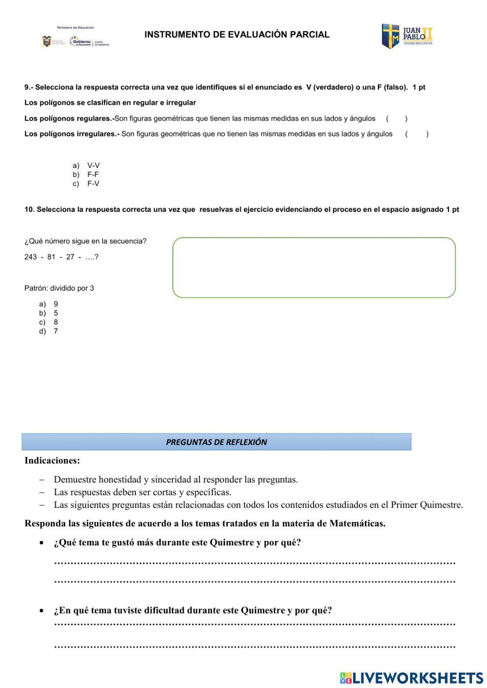 Evaluación Quimestral de Matemáticas 2022