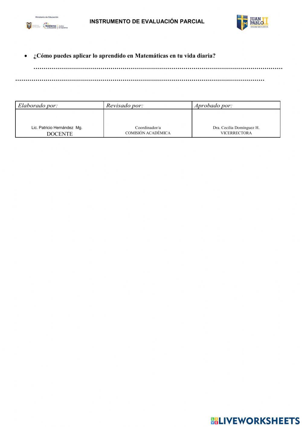 Evaluación Quimestral de Matemáticas 2022
