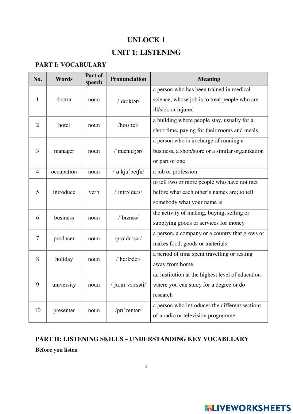 Unlock 1 0 Unit 1 - Writing worksheet | Live Worksheets