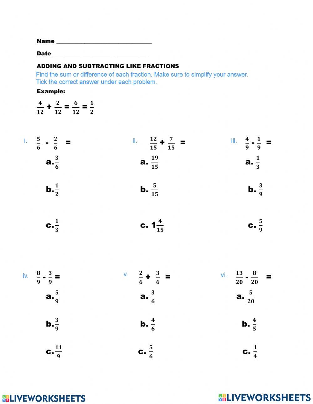 Adding and Subtracting Like Fractions