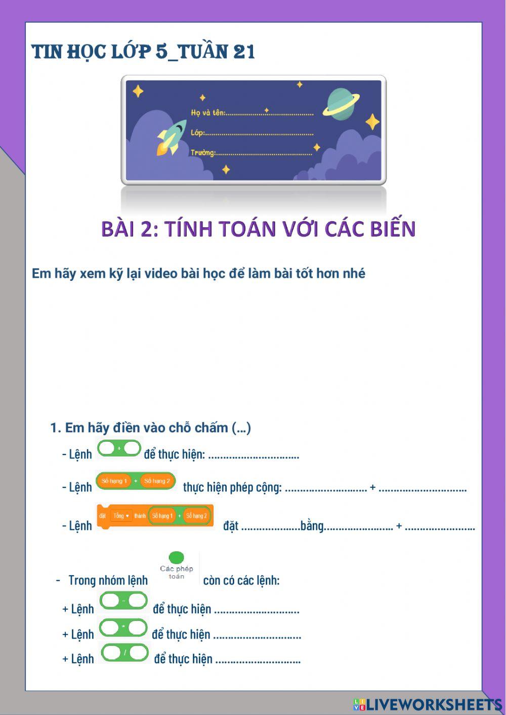 Tin học lớp 5-Tuần 21-CĐ 4-Bài 2: Tính toán với các biến