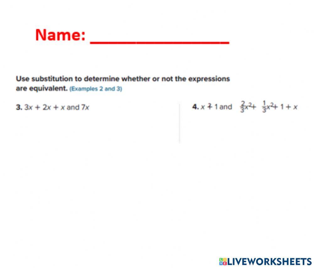 Use substitution to find equivalent expressions worksheet live worksheets