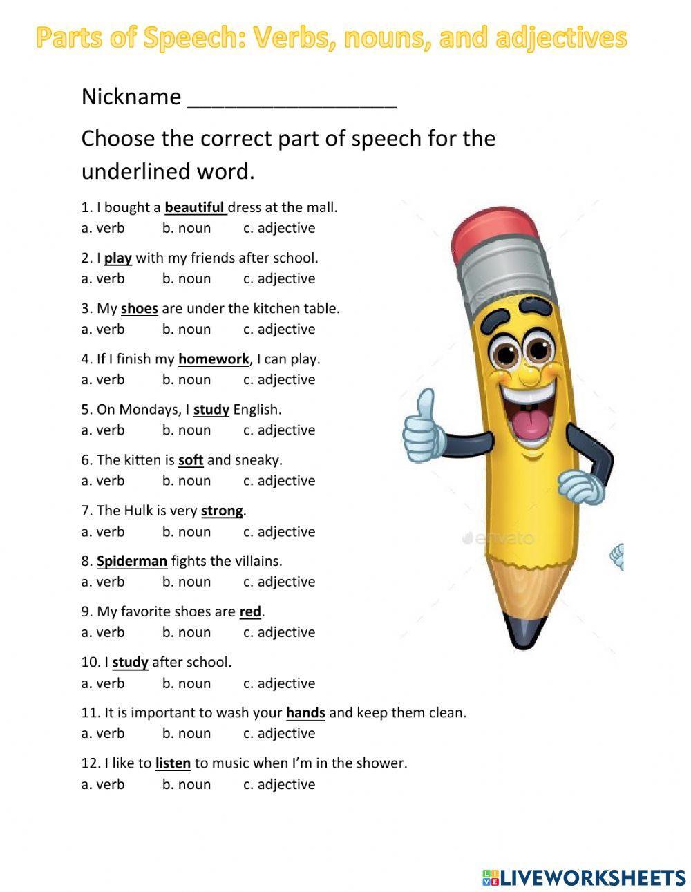 Parts of Speech: Noun, verbs, and adjectives