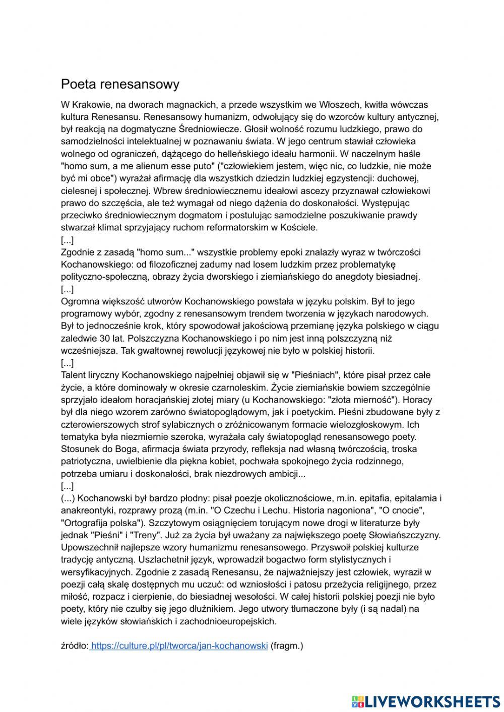 Kochanowski- poeta renesansu