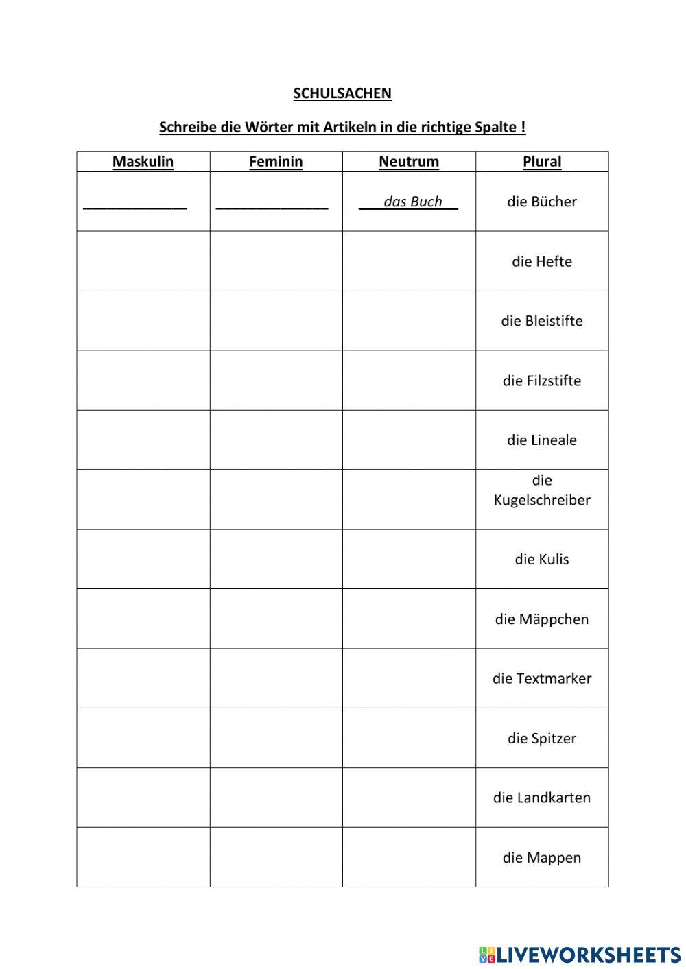Schulsachen je nach Genus