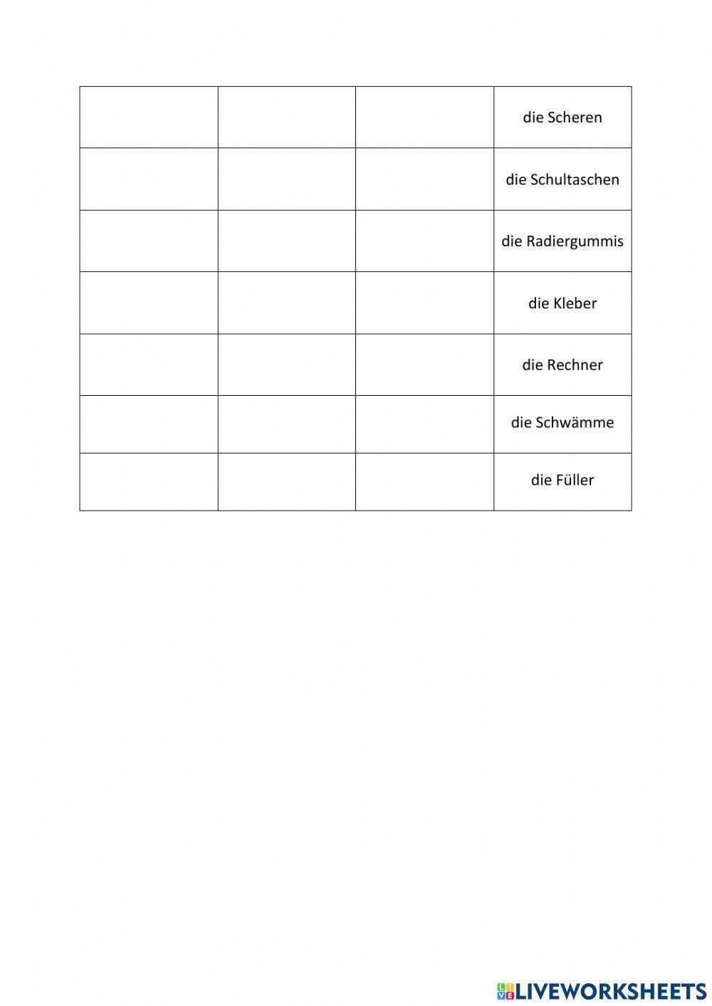 Schulsachen je nach Genus