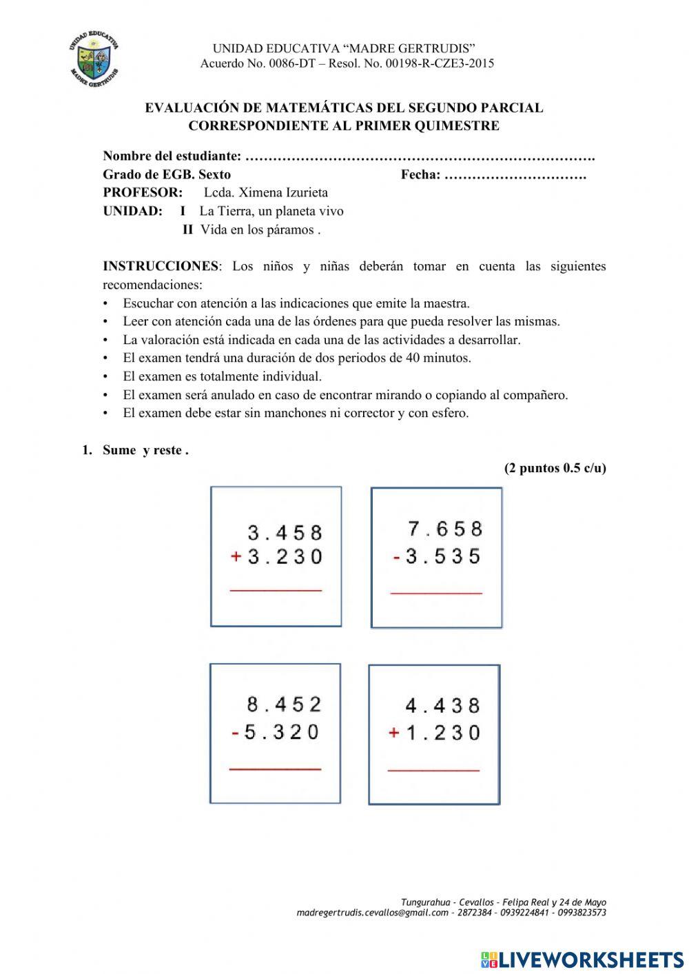 Évaluacion de Cuarto grado