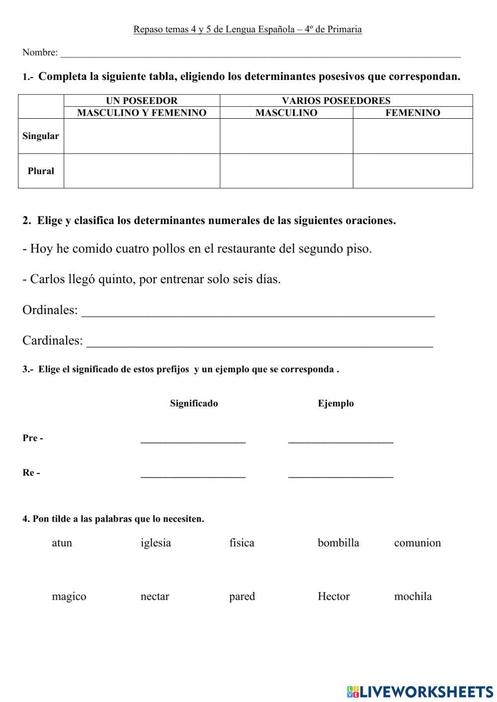 Resumen temas 4 y 5 Lengua Española 4º Primaria