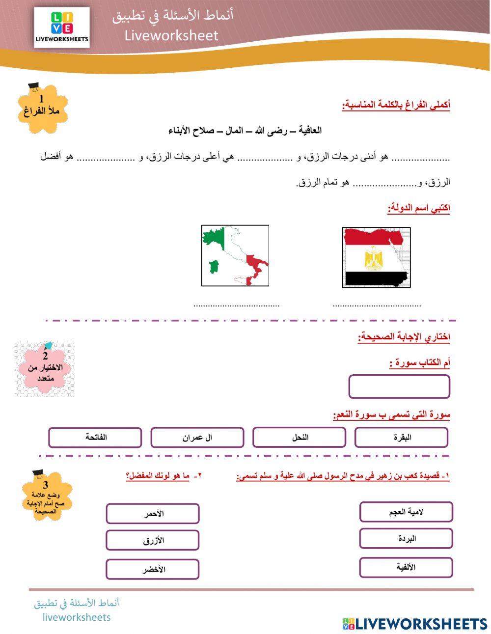 أنماط الأسئلة في موقع liveworksheets