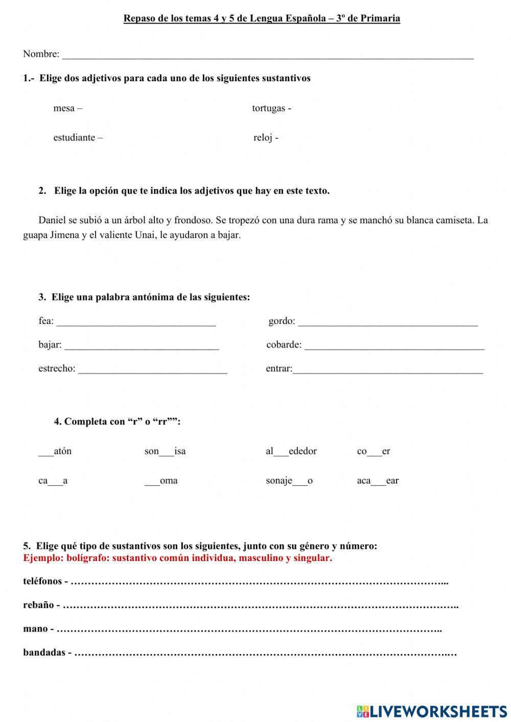 Repaso temas 4 y 5 Lengua-3º Primaria