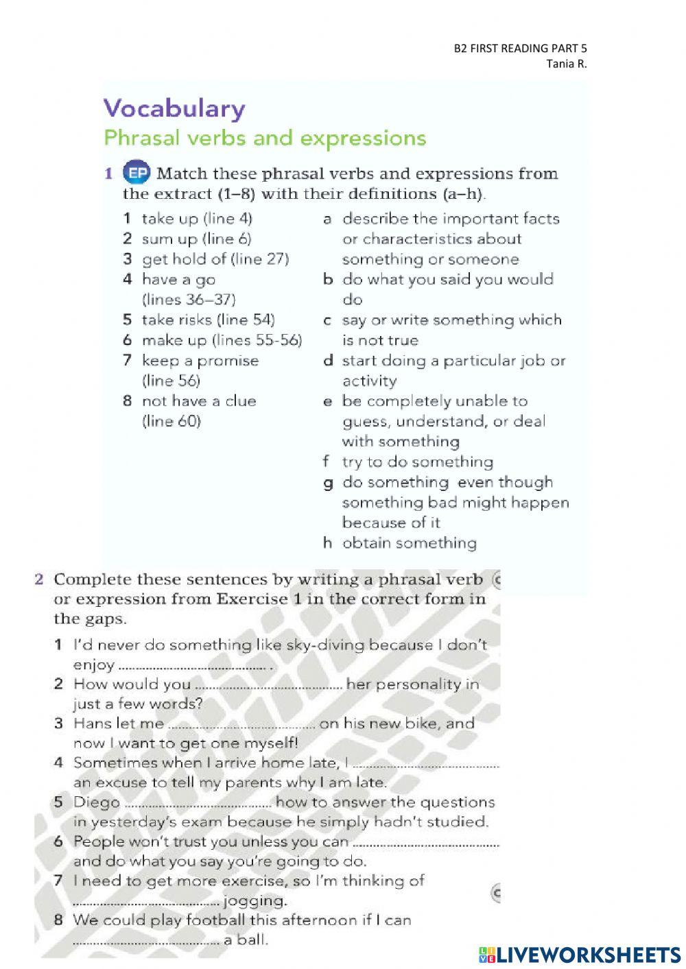 B2 first reading part 5 and phrasal vebrs