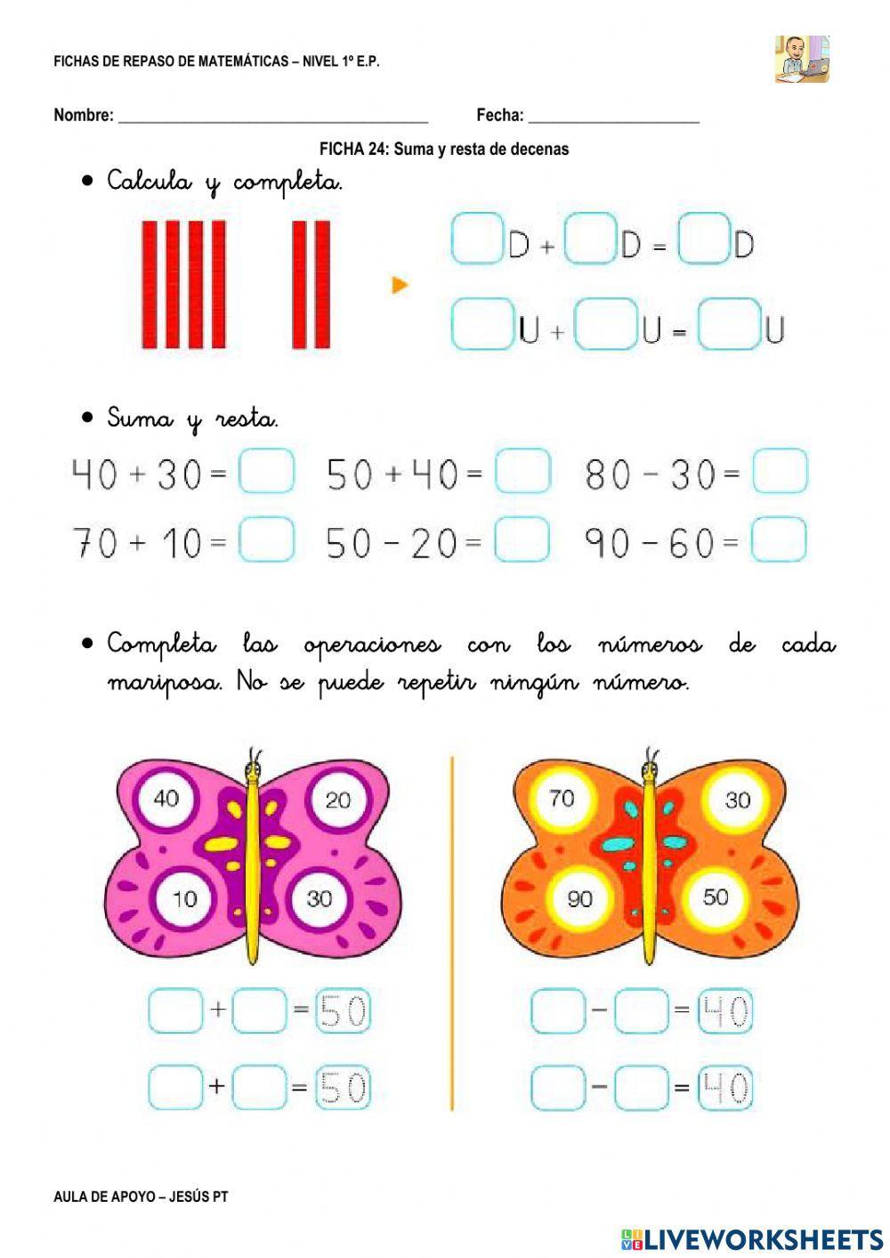 Ficha Matemáticas 24-1EP-Suma y resta de decenas