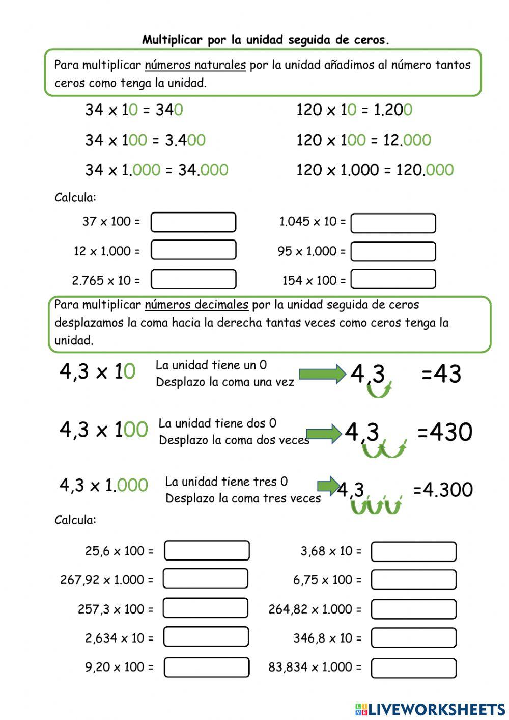 Multiplicar unidad seguida de ceros