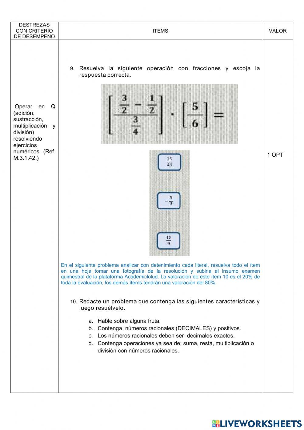 Examen de matemática 8vo