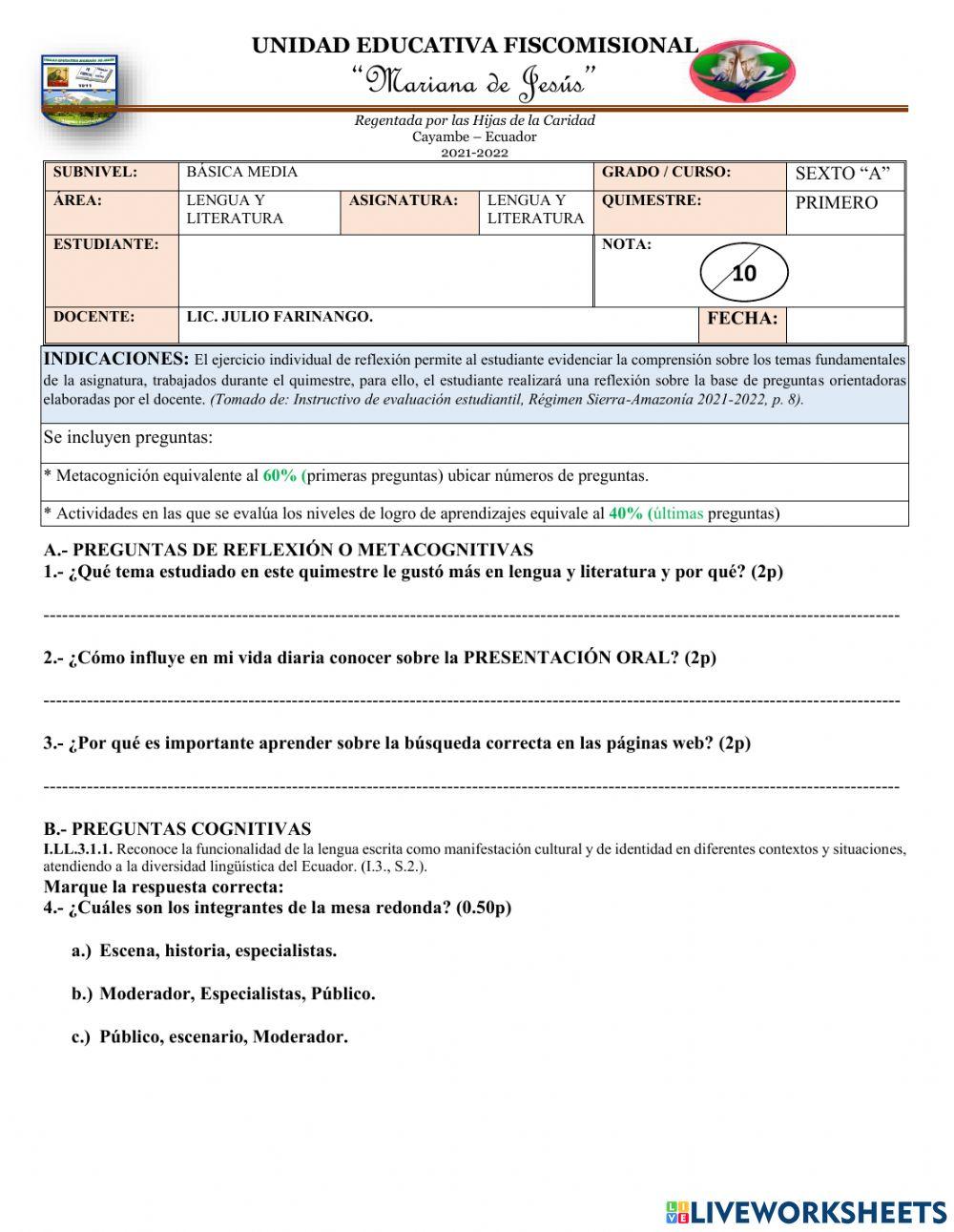 Evaluación Quimestral de matemática Sexto A
