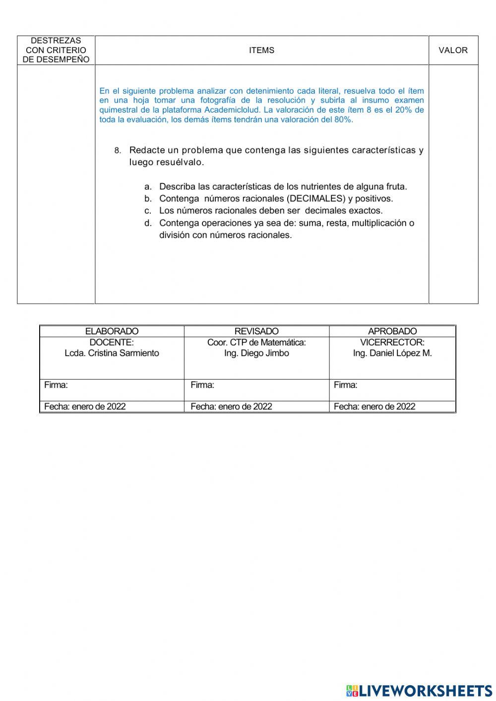 Examen Matemática 8vo