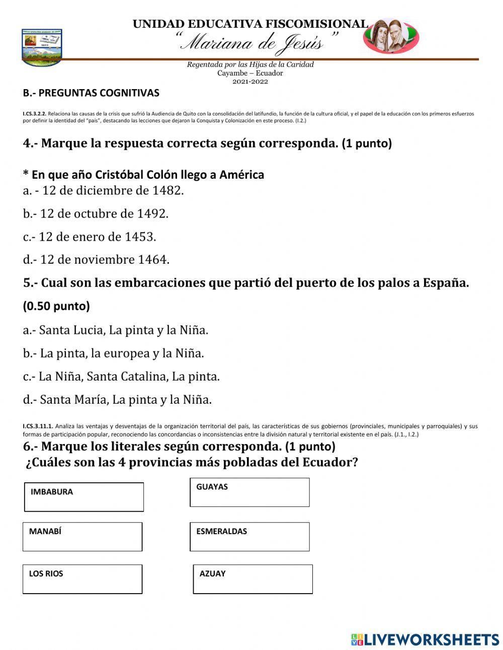 Evaluación Quimestral de Estudios Sociales Sexto A