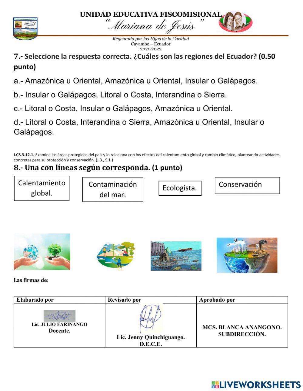 Evaluación Quimestral de Estudios Sociales Sexto A