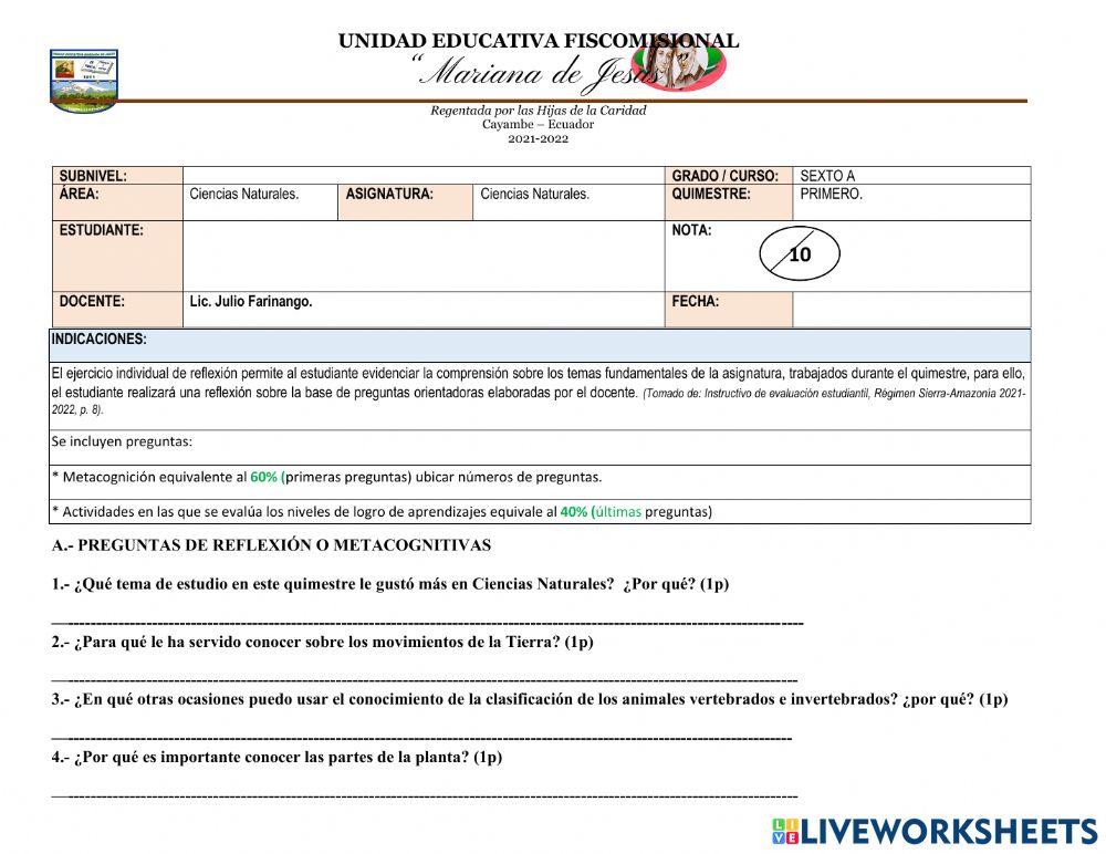 Evaluación Quimestral de Ciencias Naturales Sexto A