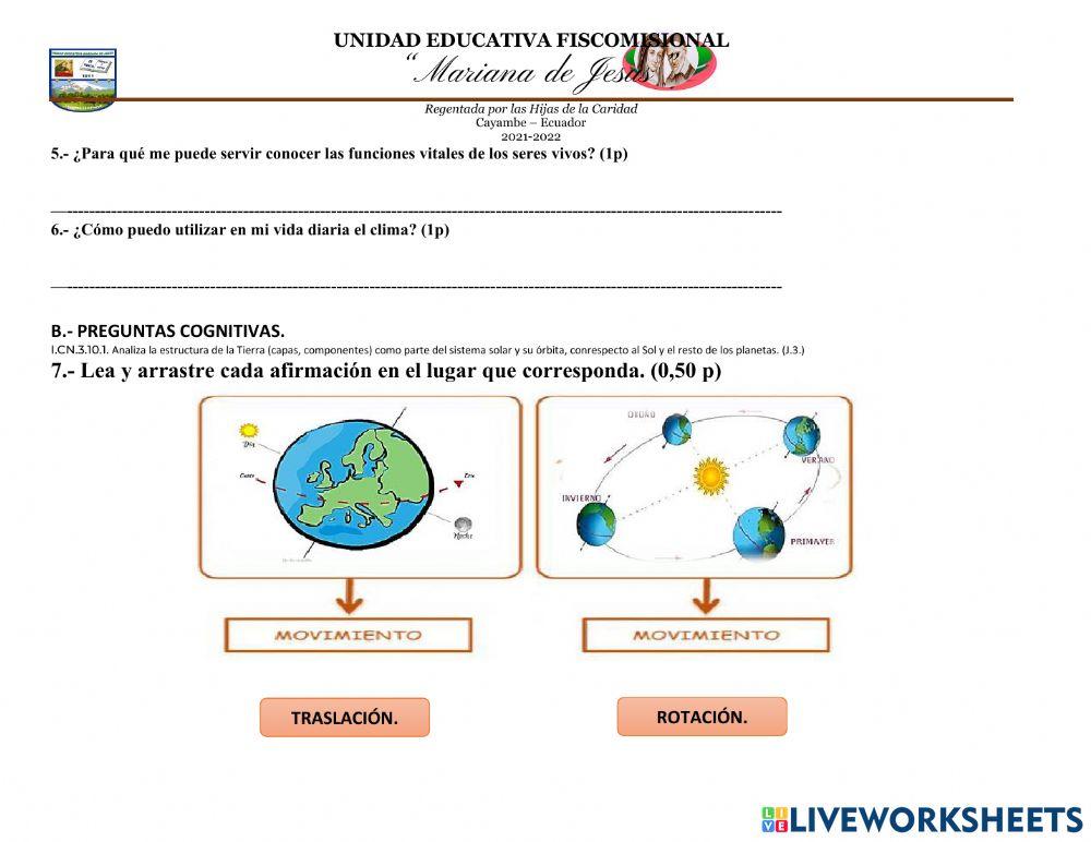 Evaluación Quimestral de Ciencias Naturales Sexto A