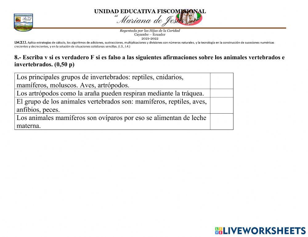 Evaluación Quimestral de Ciencias Naturales Sexto A