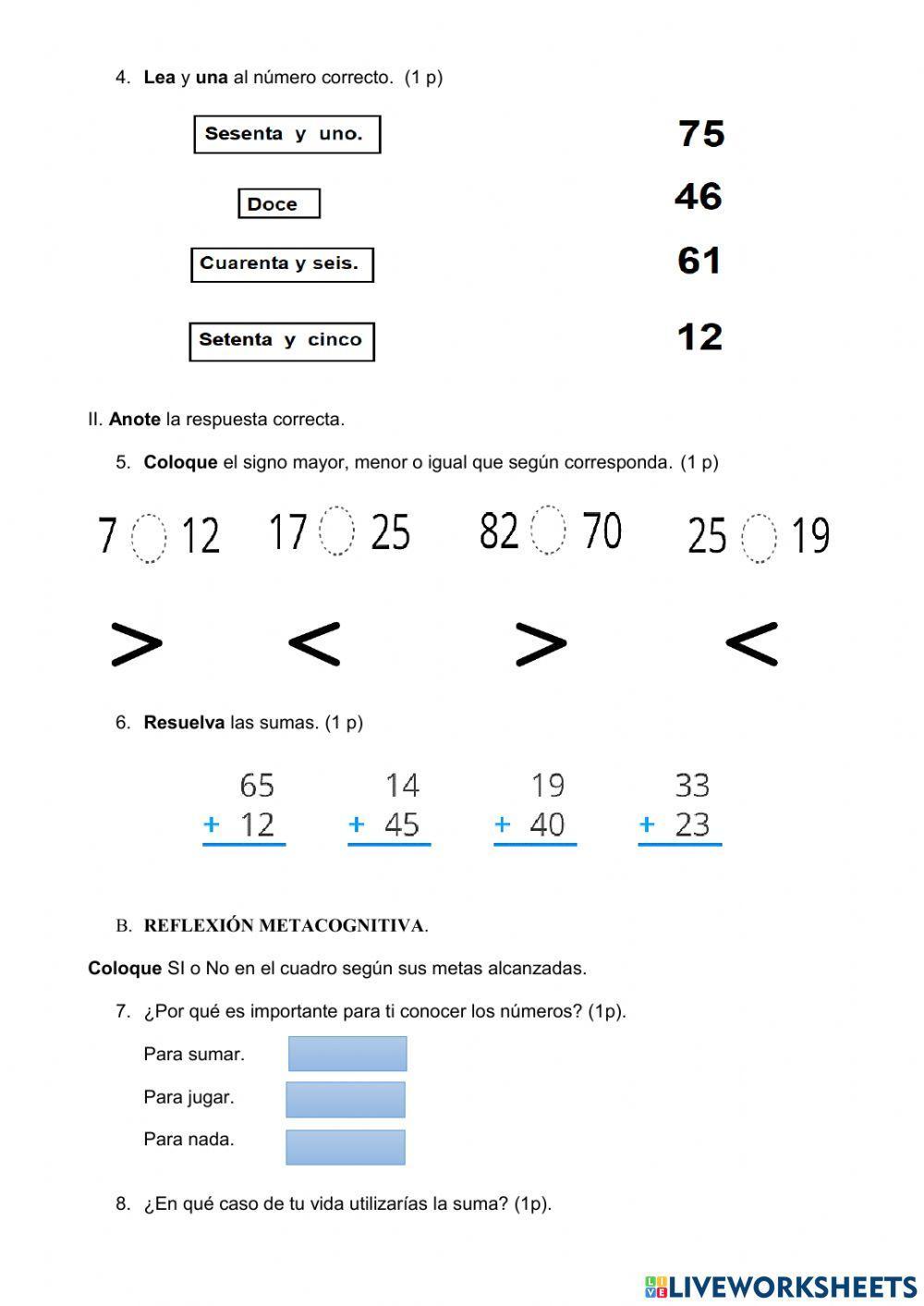 Evaluación quimestral matemática