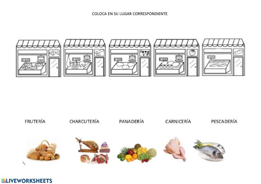 escucha, coloca y señala las tiendas y sus alimentos