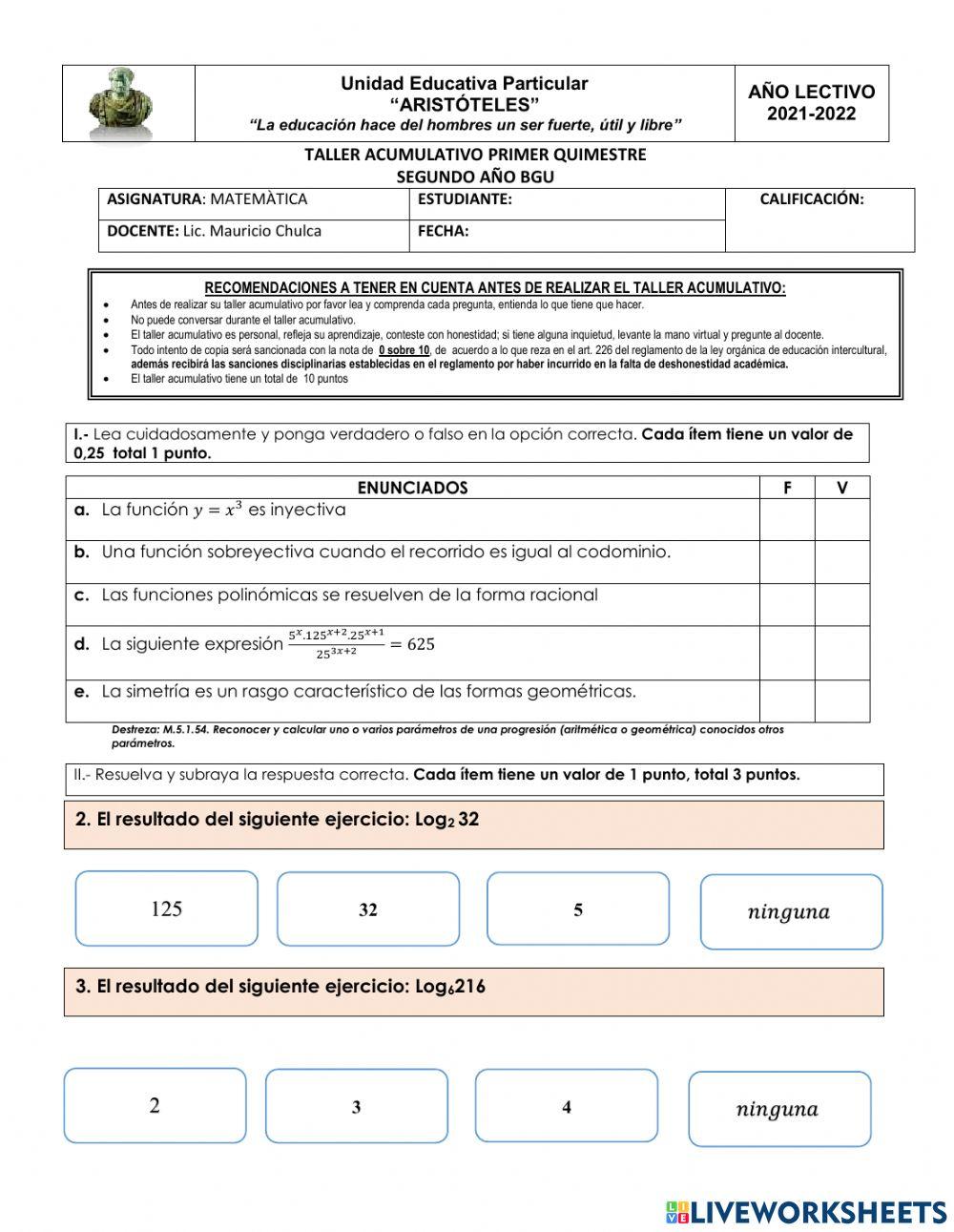 Taller quimestral matemática segundo bgu