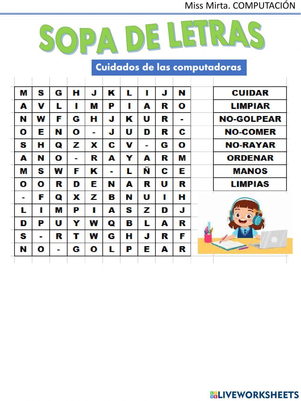 Sopa de letras cuidados de la computadora