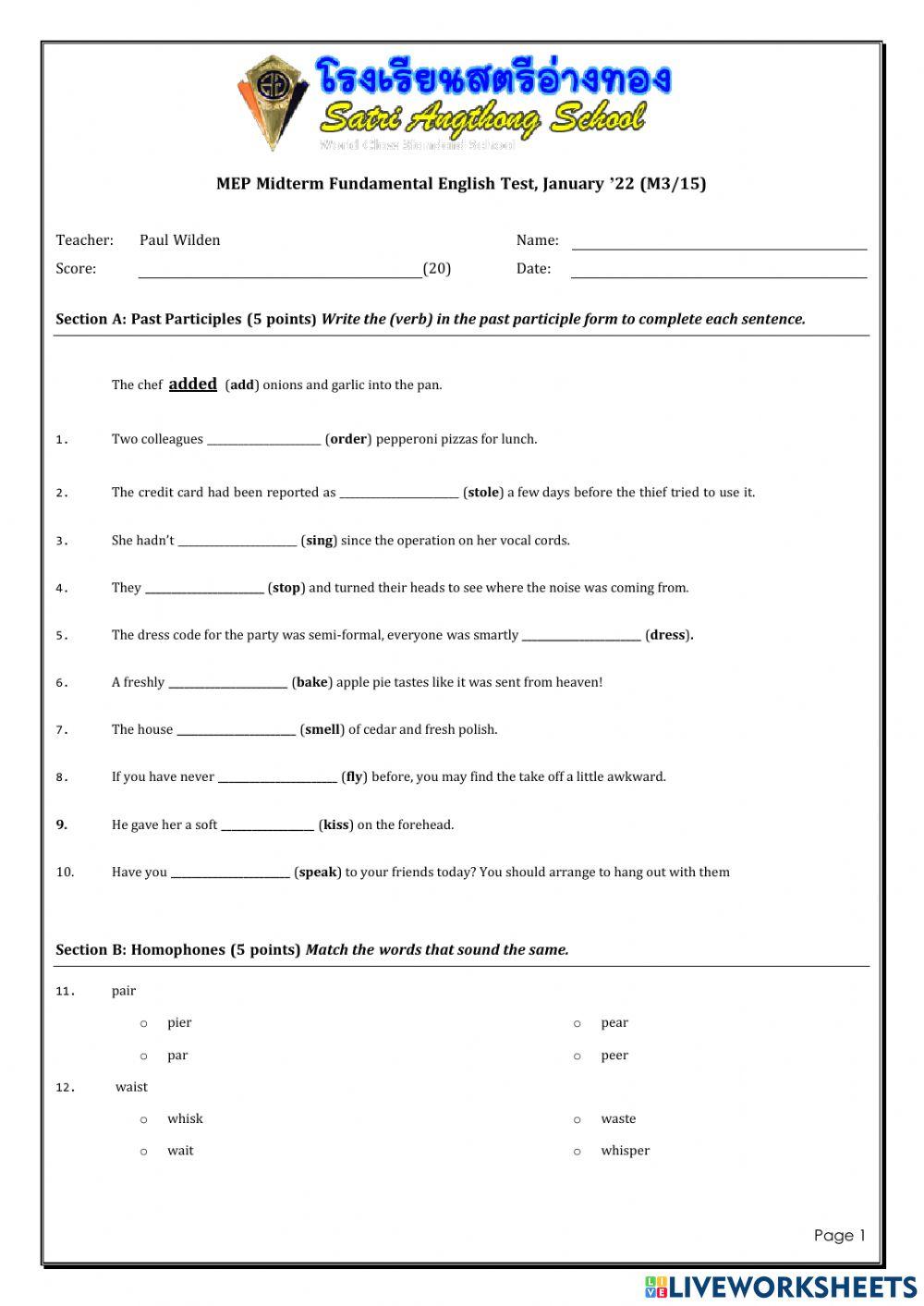 MEP Midterm Fundamental English Test, January 2022 (M3-15)