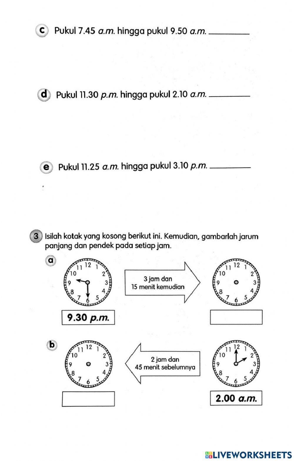 Menghitung Lama Waktu dalam Jam dan Menit worksheet | Live Worksheets