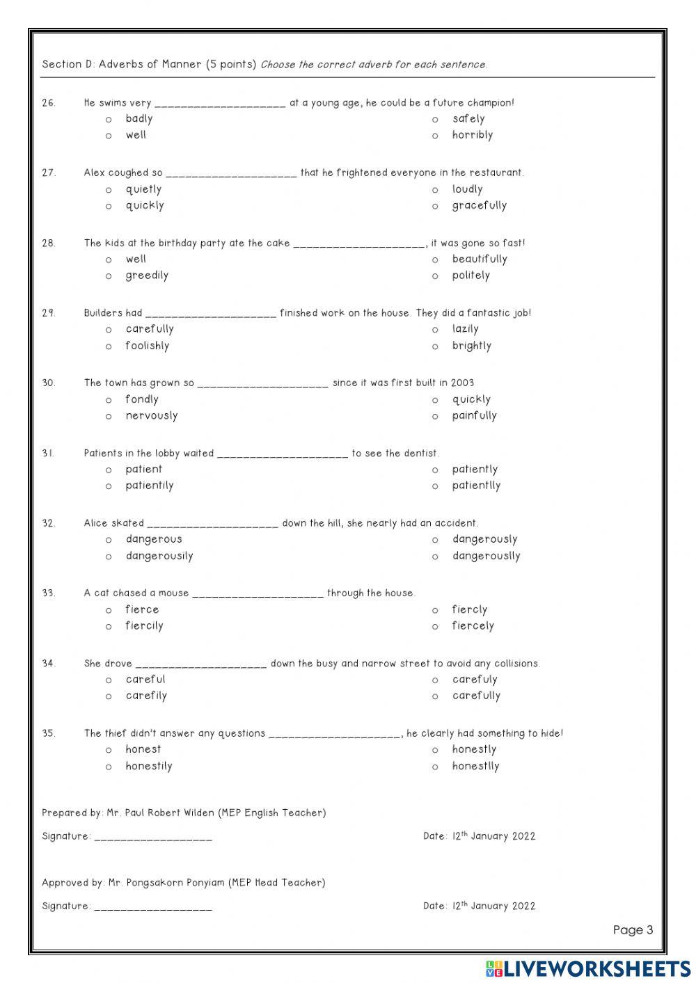 MEP Midterm English Reading - Writing Test, January 2022 (M3-15)