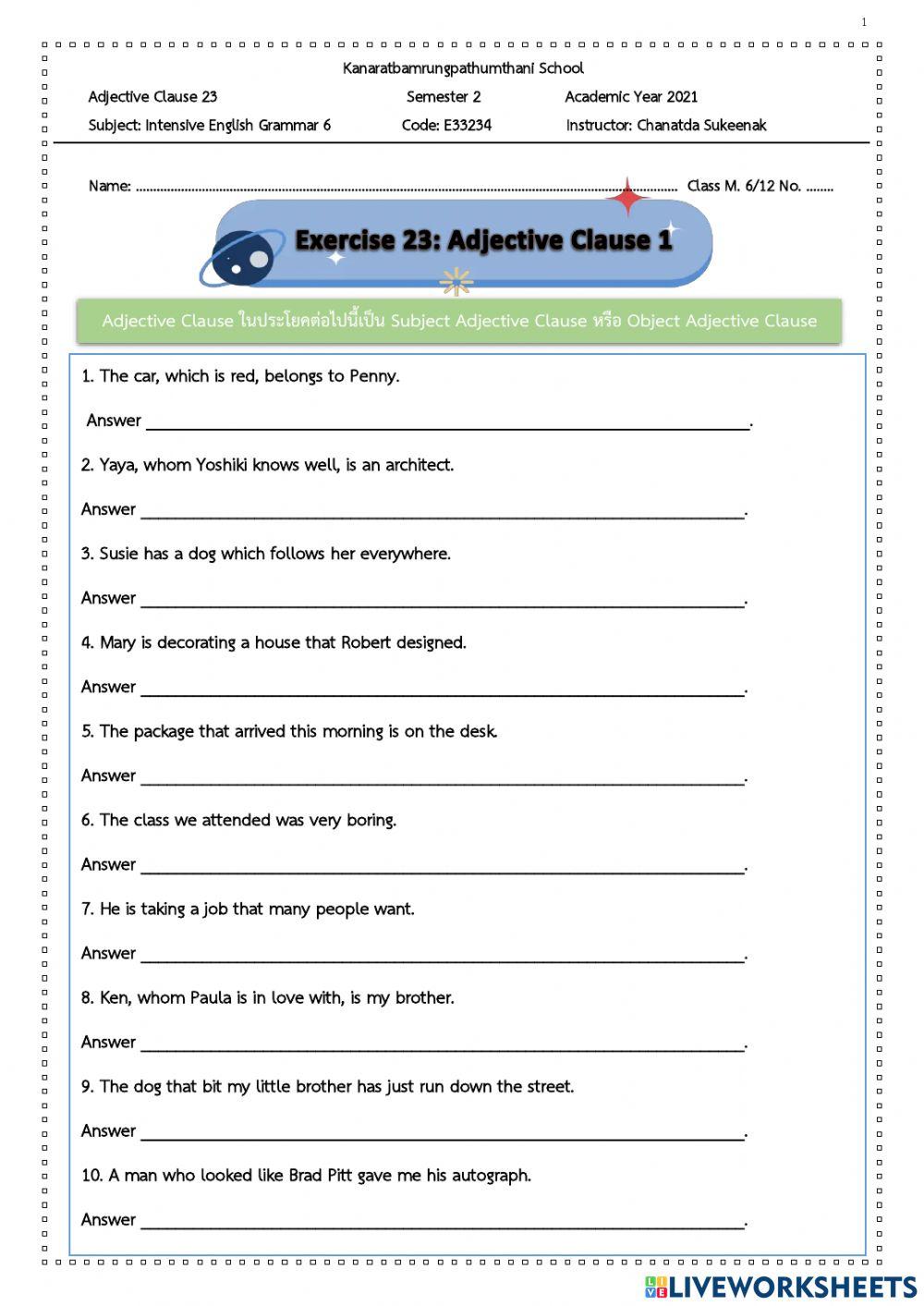 Exercise 23: Adjective Clause