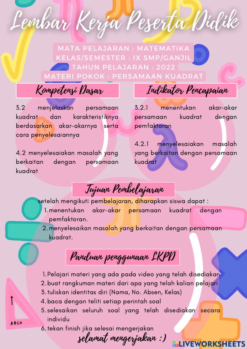 LKPD Persamaan Kuadrat kelas 9