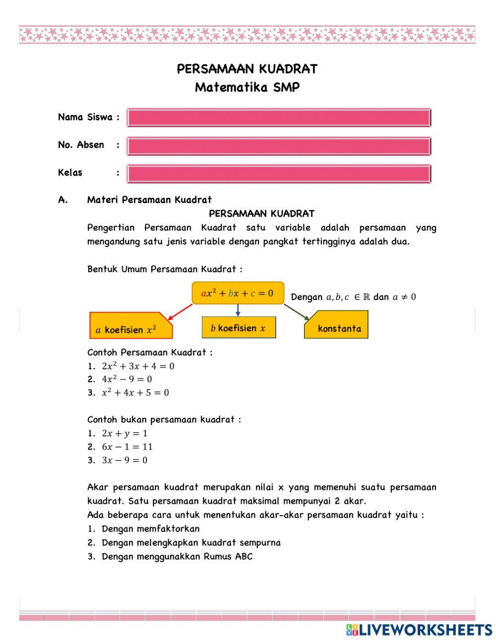 LKPD Persamaan Kuadrat kelas 9