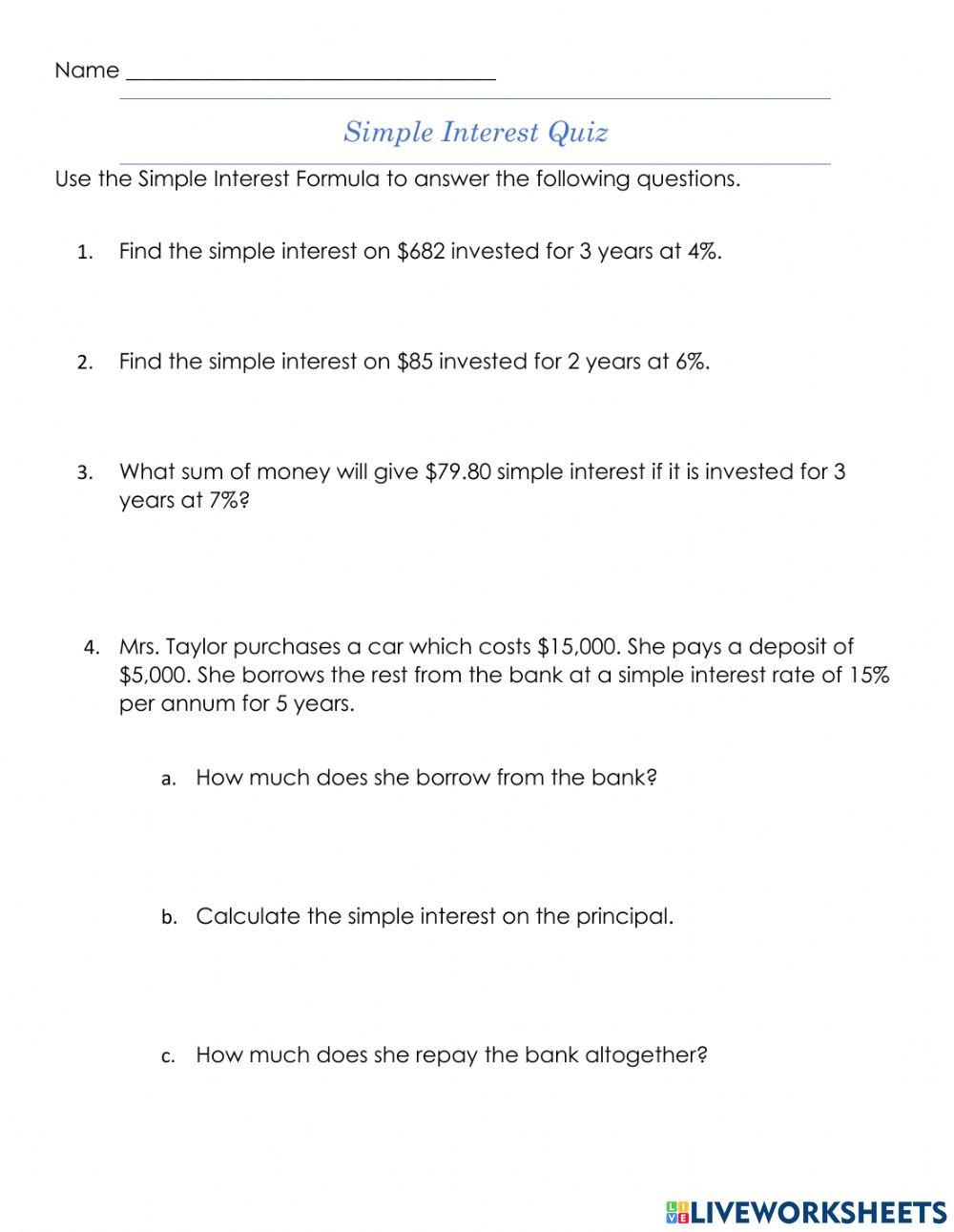 Simple Interest Quiz online exercise for | Live Worksheets