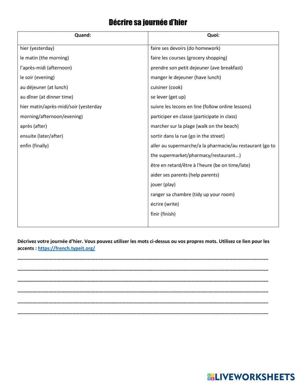 Decrire sa journee d'hier