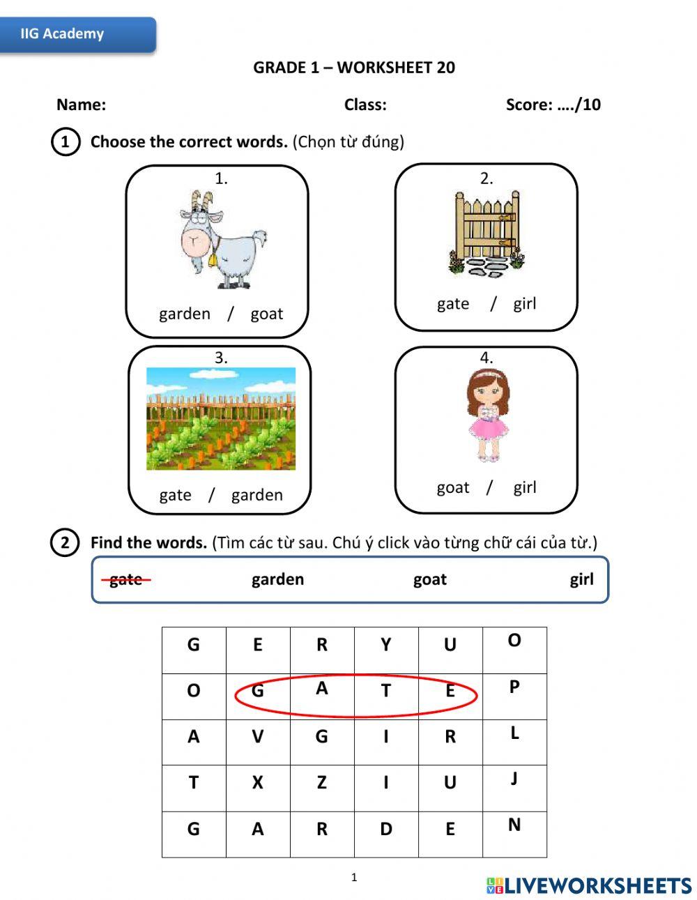 IIG-Grade 1-Worksheet 20