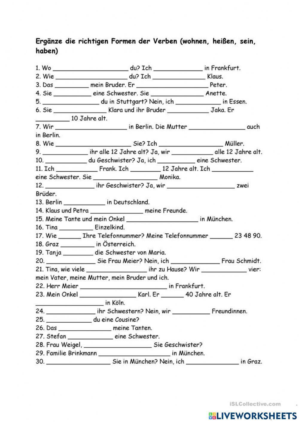 Wohnen, heißen, sein, haben