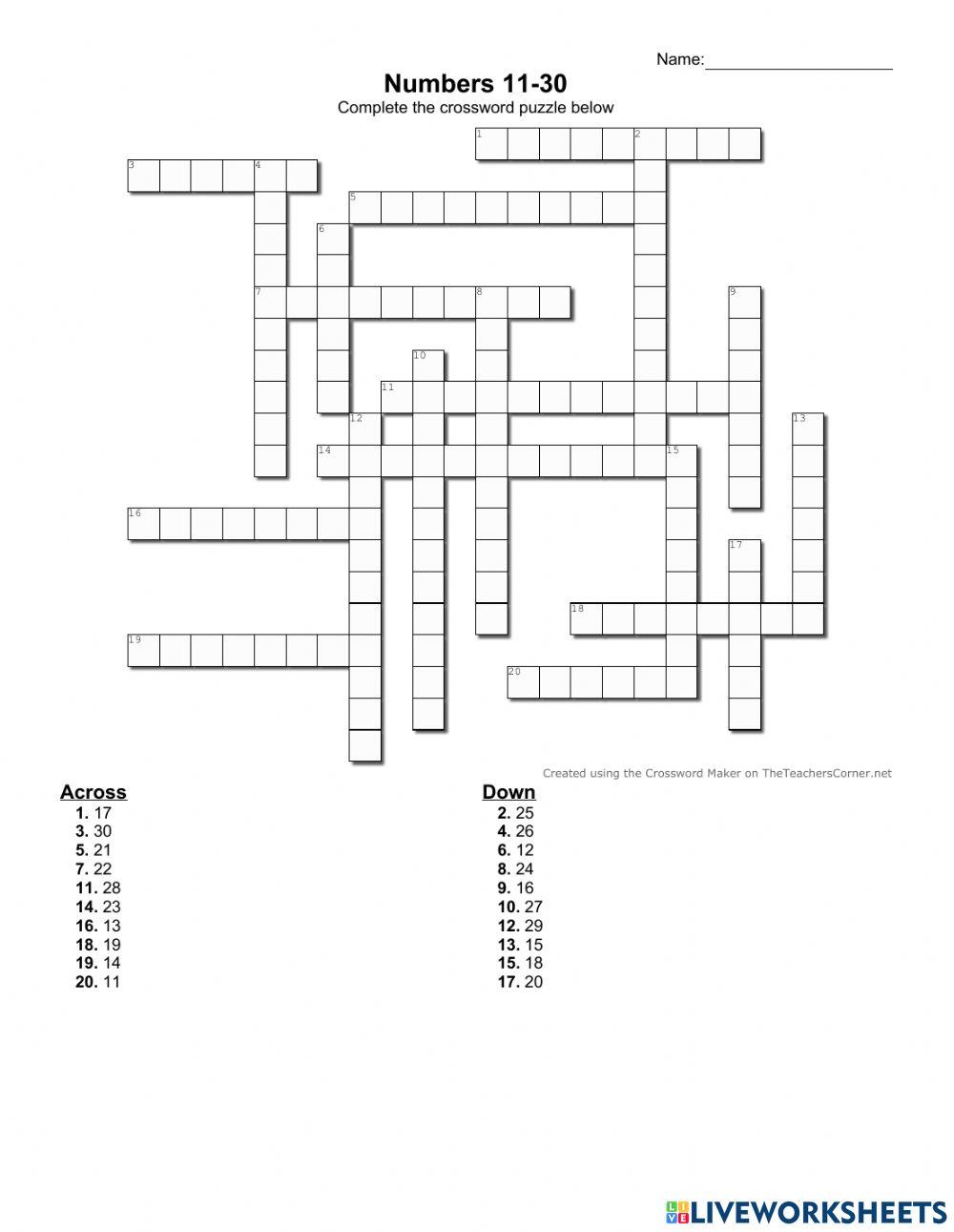 Numbers 11 30 Crossword 1824215 teacher Alma G Live