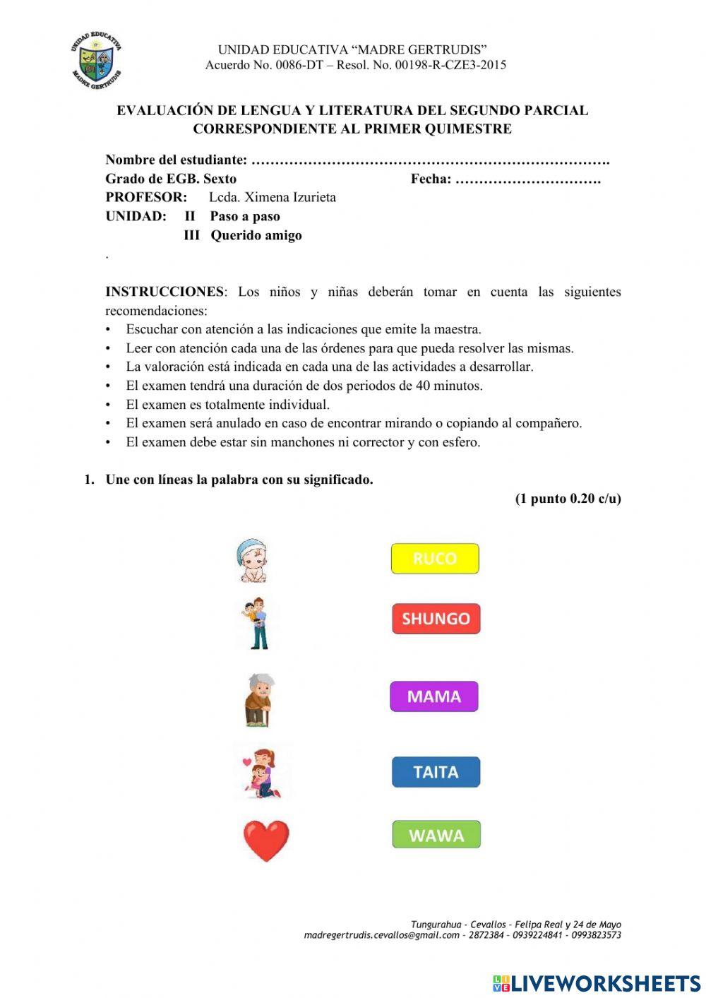 Evaluacion de lengua y literatura sexto