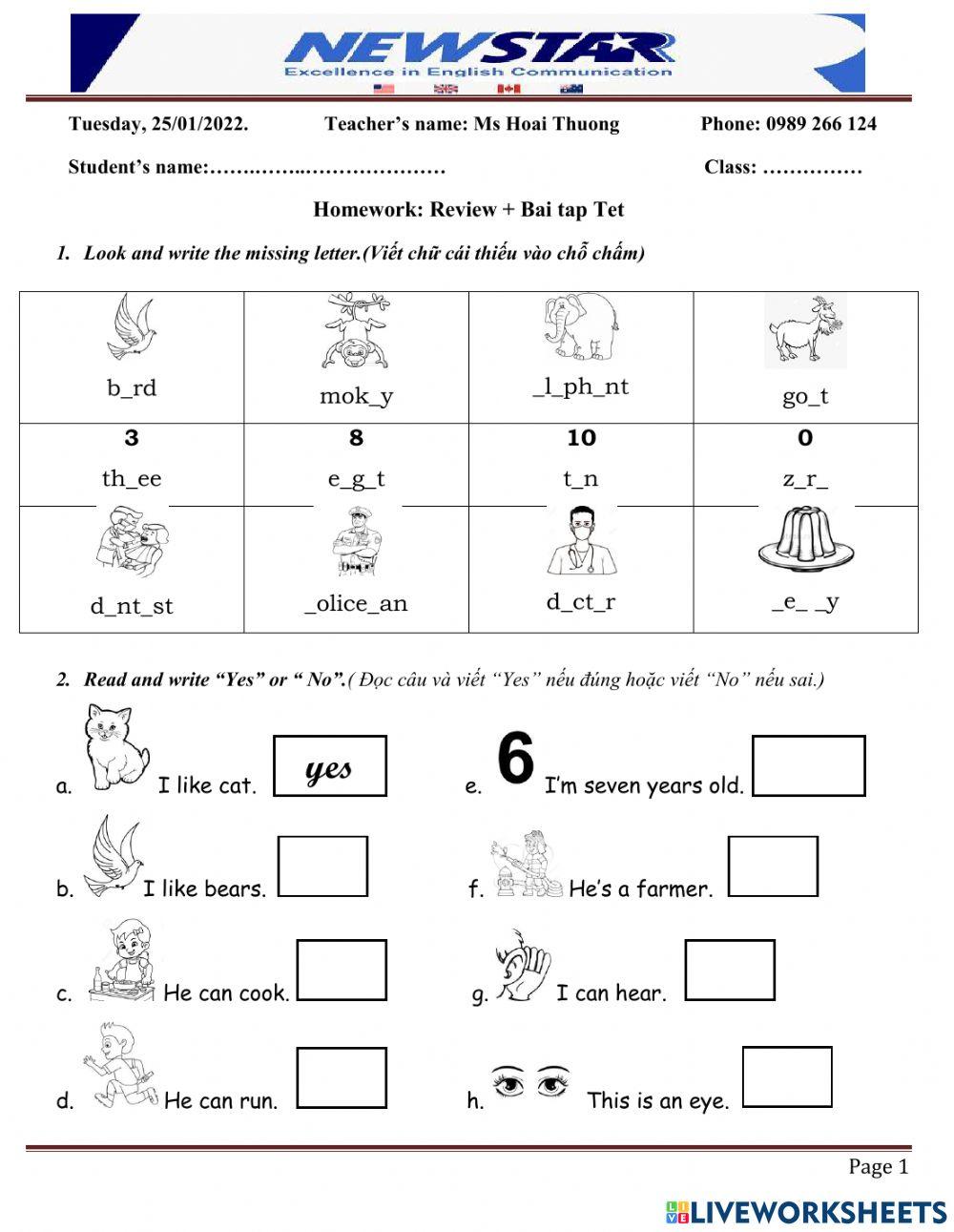 Bài tập Tết 2022 G1