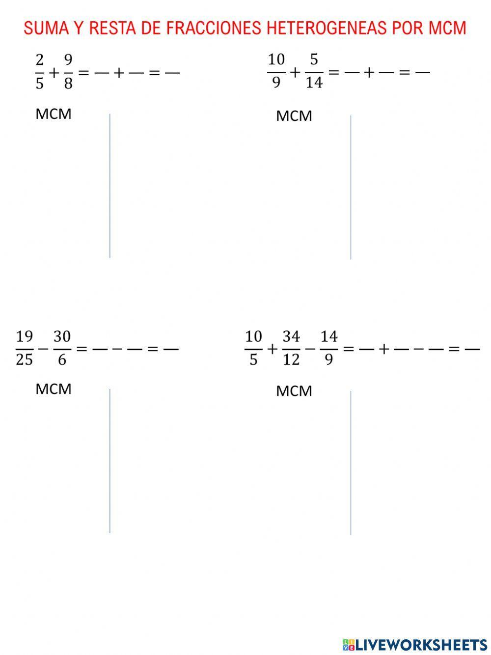 Suma y resta de fracciones heterogeneas con mcm