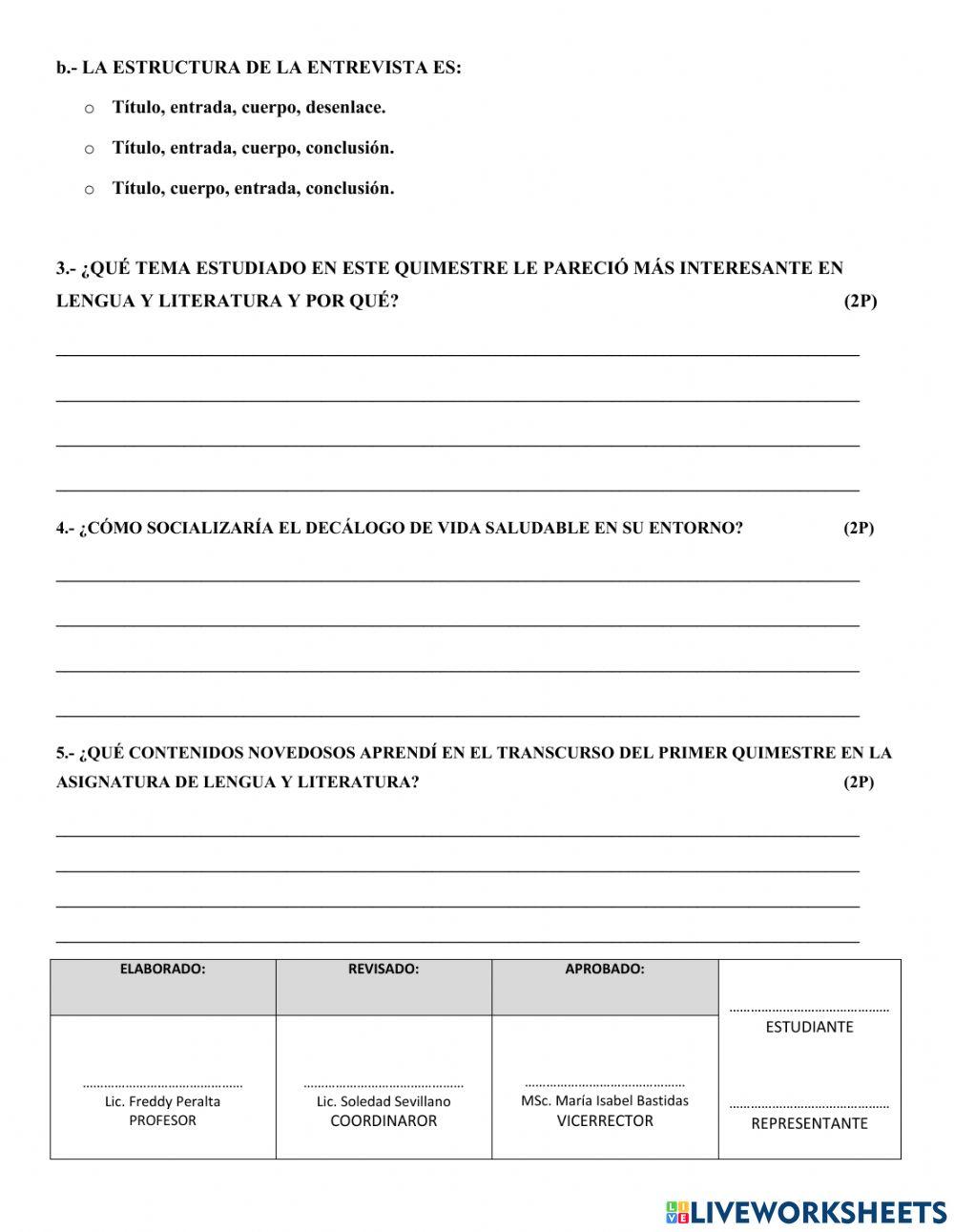 Prueba quimestre 1 lengua octavo