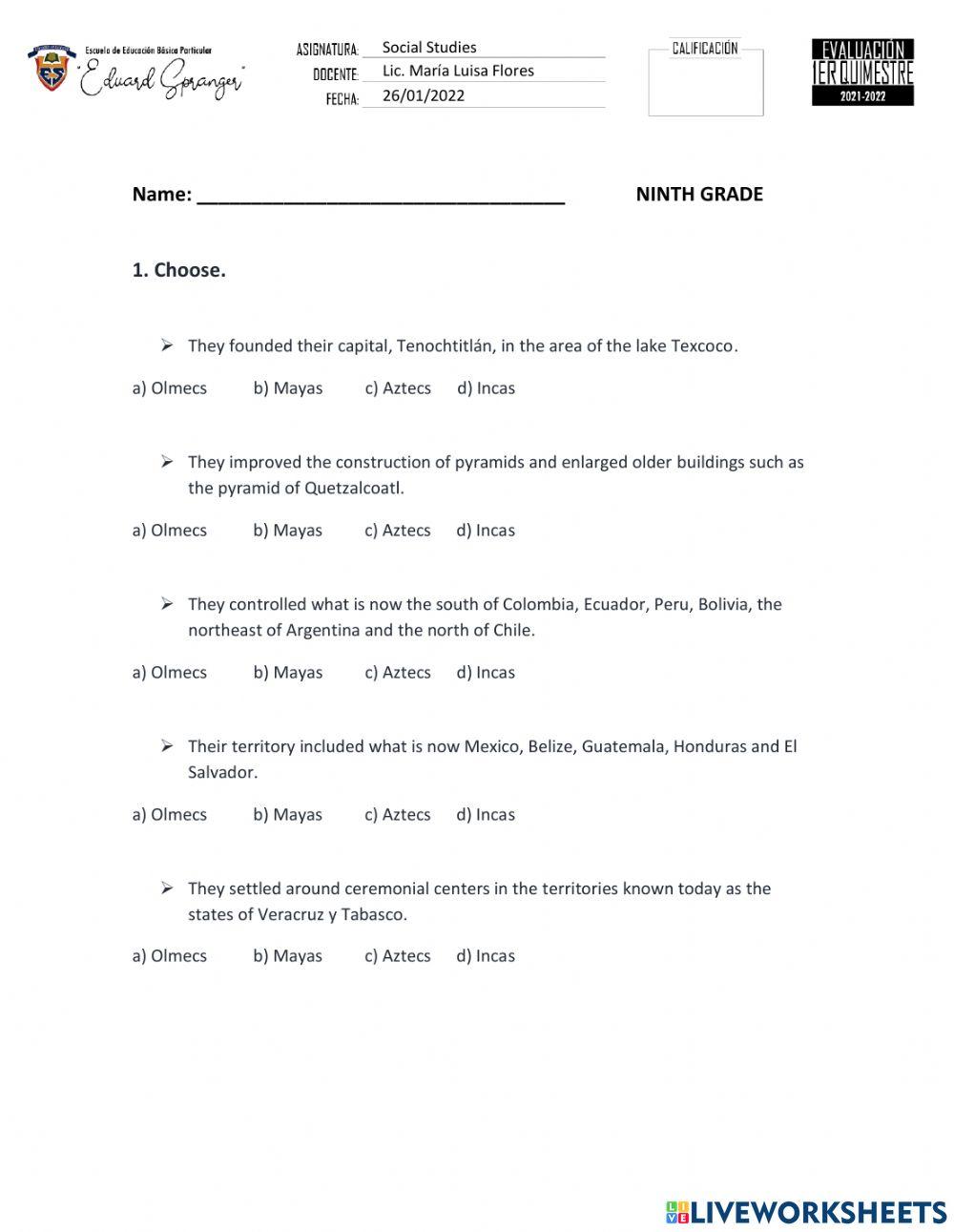 Test social studies ninth grade 1st semester