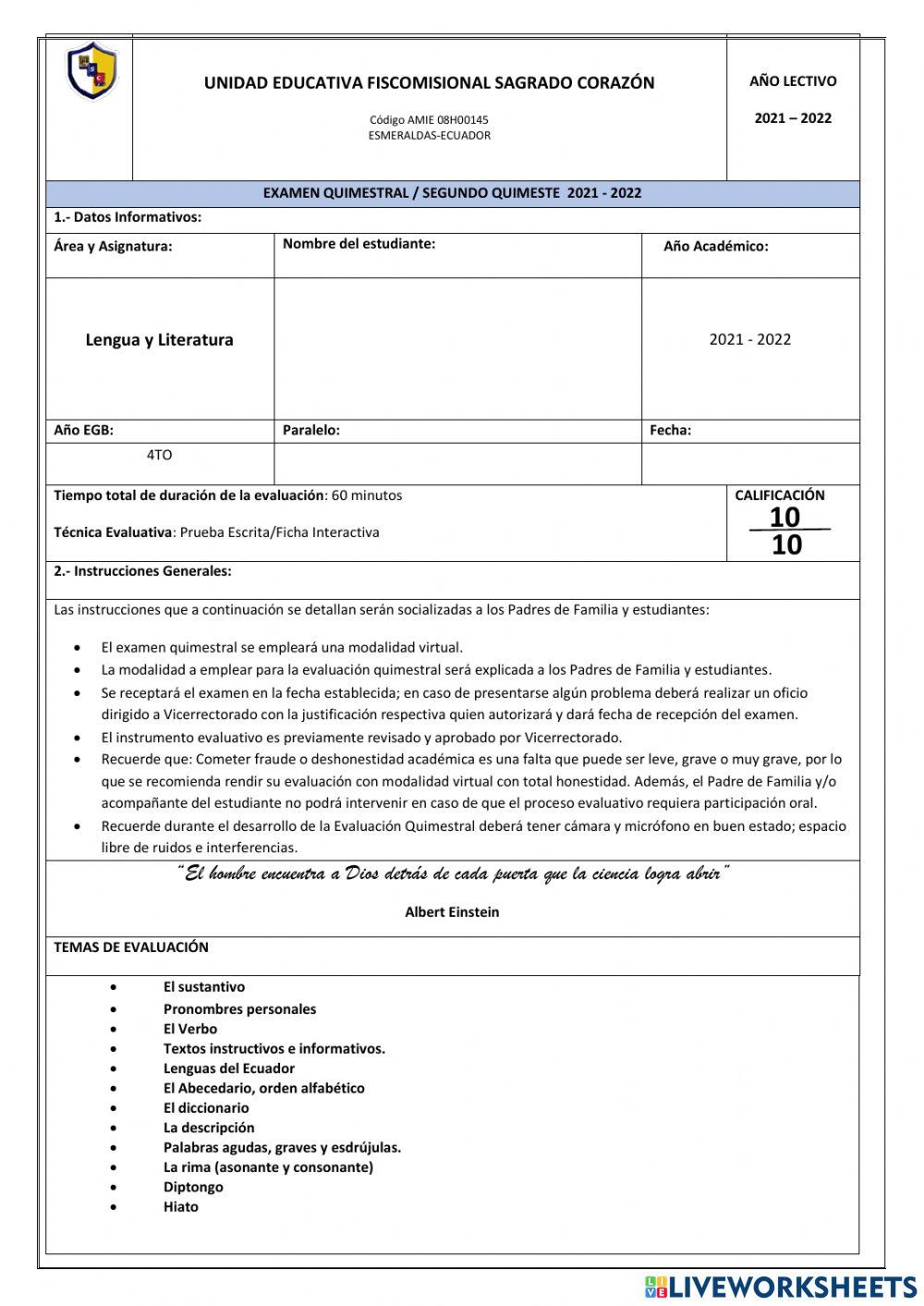 Examen quimestral de lengua y literatura